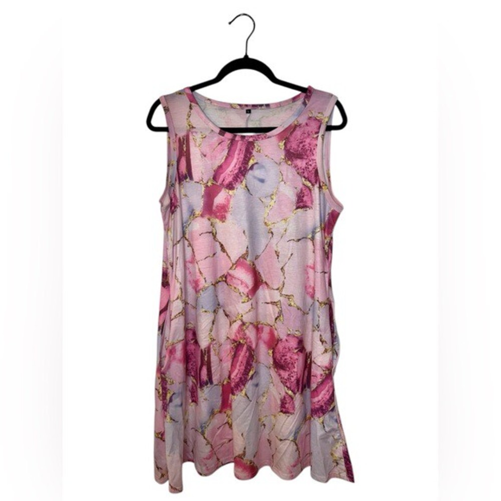 Pink Marble Sleeveless Dress With Pockets